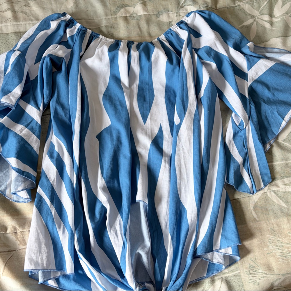 Blue and White Striped Off-Shoulder Top